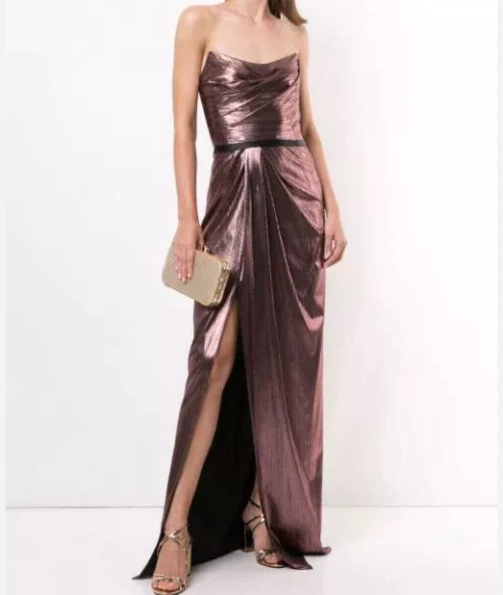 NWT Marchesa Notte Metallic Lame Strapless Belted Column Gown Sz 10